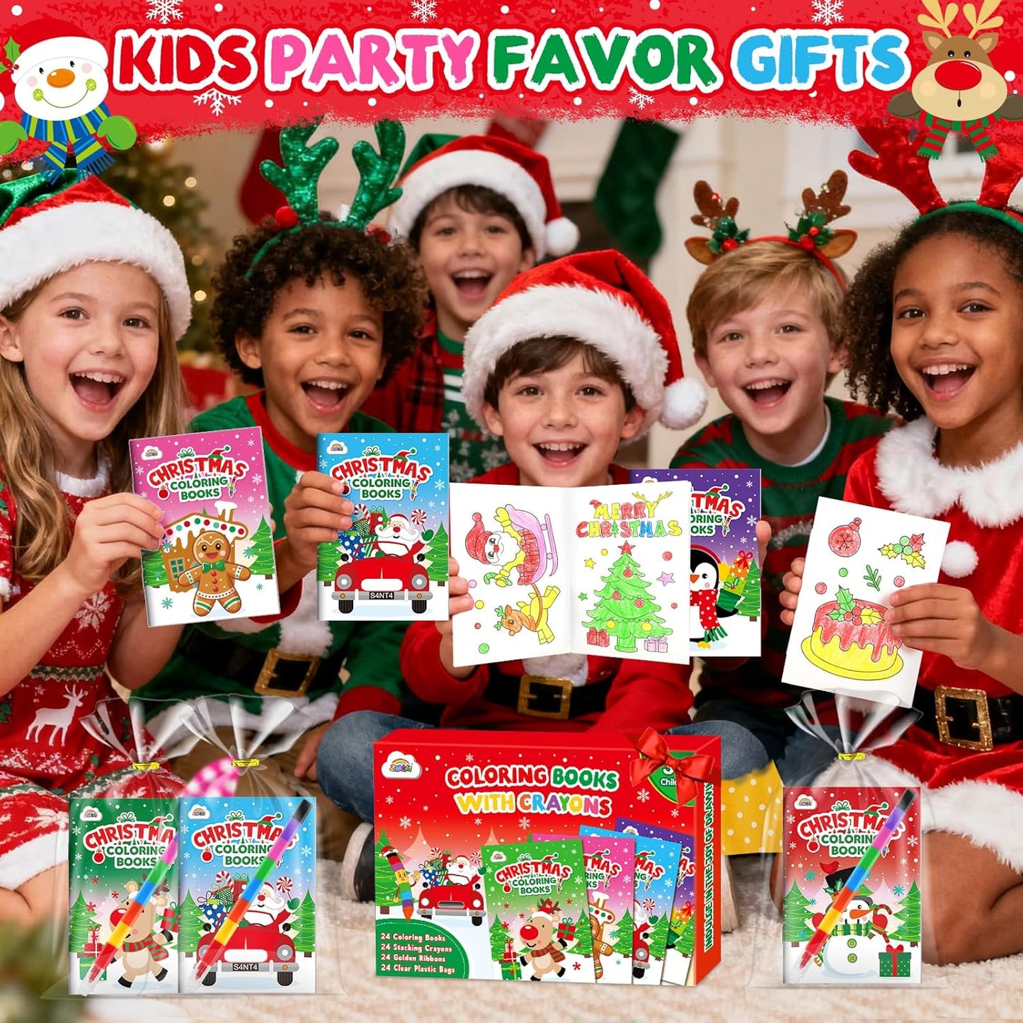 ZMLM 24 Coloring Books for Kids Party Favors: Bulk 24 Crayons Mini Coloring Books for Kids Ages 4-8 Birthday Goodie Bags Stuffers Toddlers Return Gifts Classroom Prizes Teacher Crafts (Christmas)