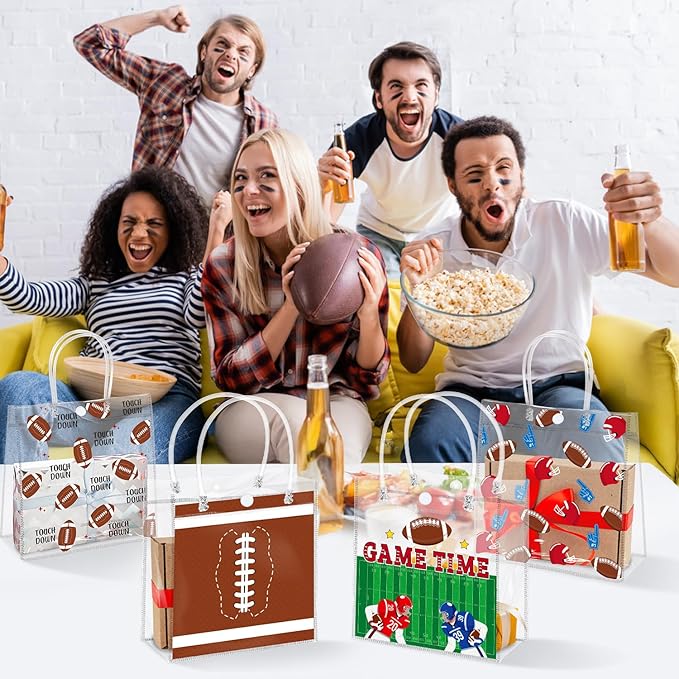 H1vojoxo Football Party Gift Bags - 24pcs Football Clear PVC Gift Bags with Handles Reusable Rugby Sports Goodie Bag for kids Rugby Tote Bag for Snack Large Candy Treat Ball Themed Party Favor