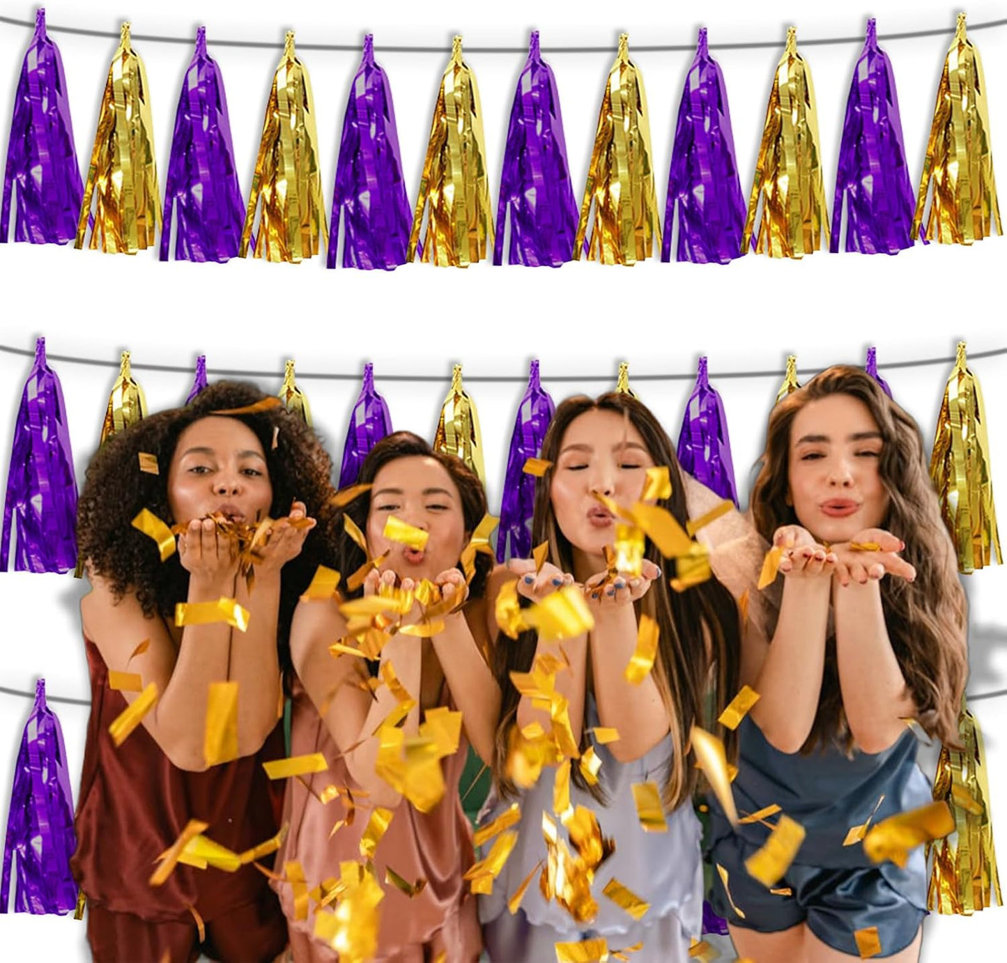 3P Purple Gold Tassel Banner Garland Foil Fringe Tinsel Streamer Banner Backdrop for Parade Floats, Wall Hanging Curtain Parade Floats, Graduation Decorations, Wedding Party Decoration