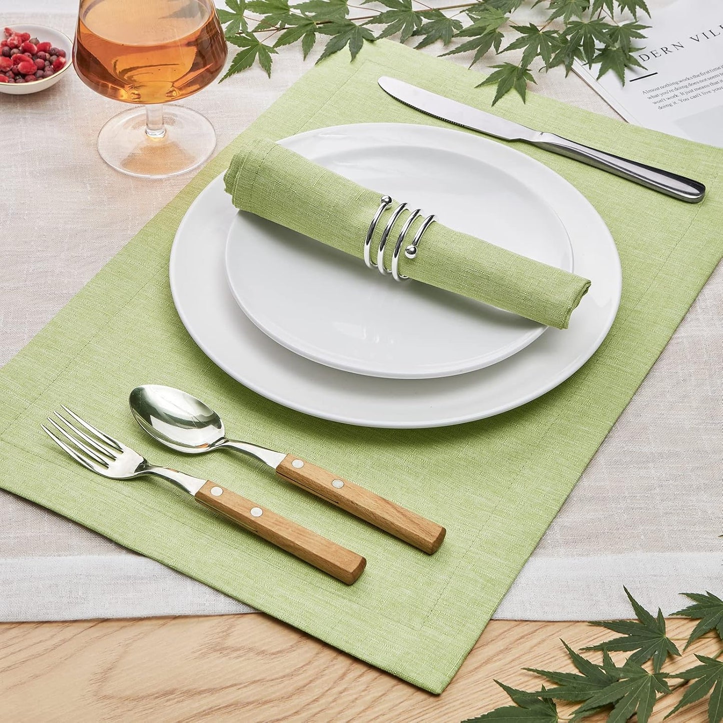 Mebakuk Cloth Placemats, Machine Washable Linen Style Thick Place Mats, Heat Resistant and Easy to Clean Fabric Table Mats for Kitchen Dining Table (Mint Green, Set of 6)