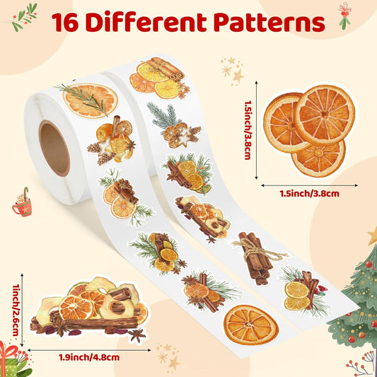 Christmas Watercolor Orange Sticker - 16 Dried Orange Designs Waterproof Vinyl with Removable Adhesive for Gift Wrapping, Scrapbooking, Kids Crafts, Water Bottle Laptop Decor Party Favors