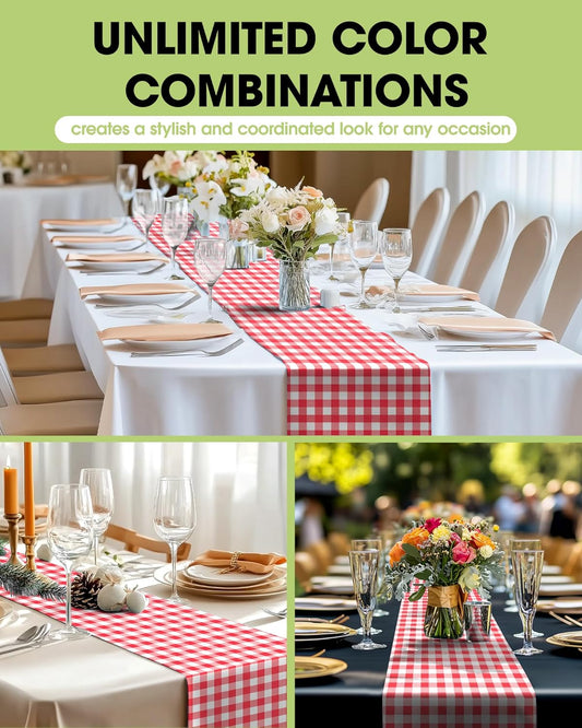 Pureegg Gingham Plastic Table Runners - 12 Pack, 14'' x 108'', Water Resistant & Disposable Plaid Centerpiece Decorations for Table Cloth, Birthday, Holiday, Party, Red and White Checkered Home Decor