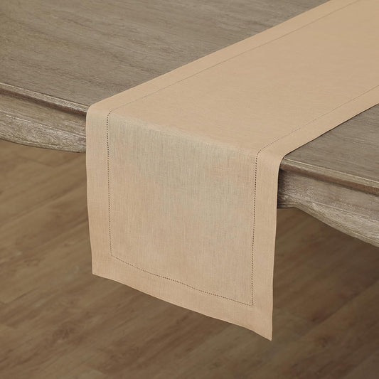 Solino Home Linen Beige Table Runner 108 Inches Long - 100% Pure Linen 14 x 108 Inch Table Runner for Fall, Autumn, Thanksgiving, Christmas - Classic Hemstitch