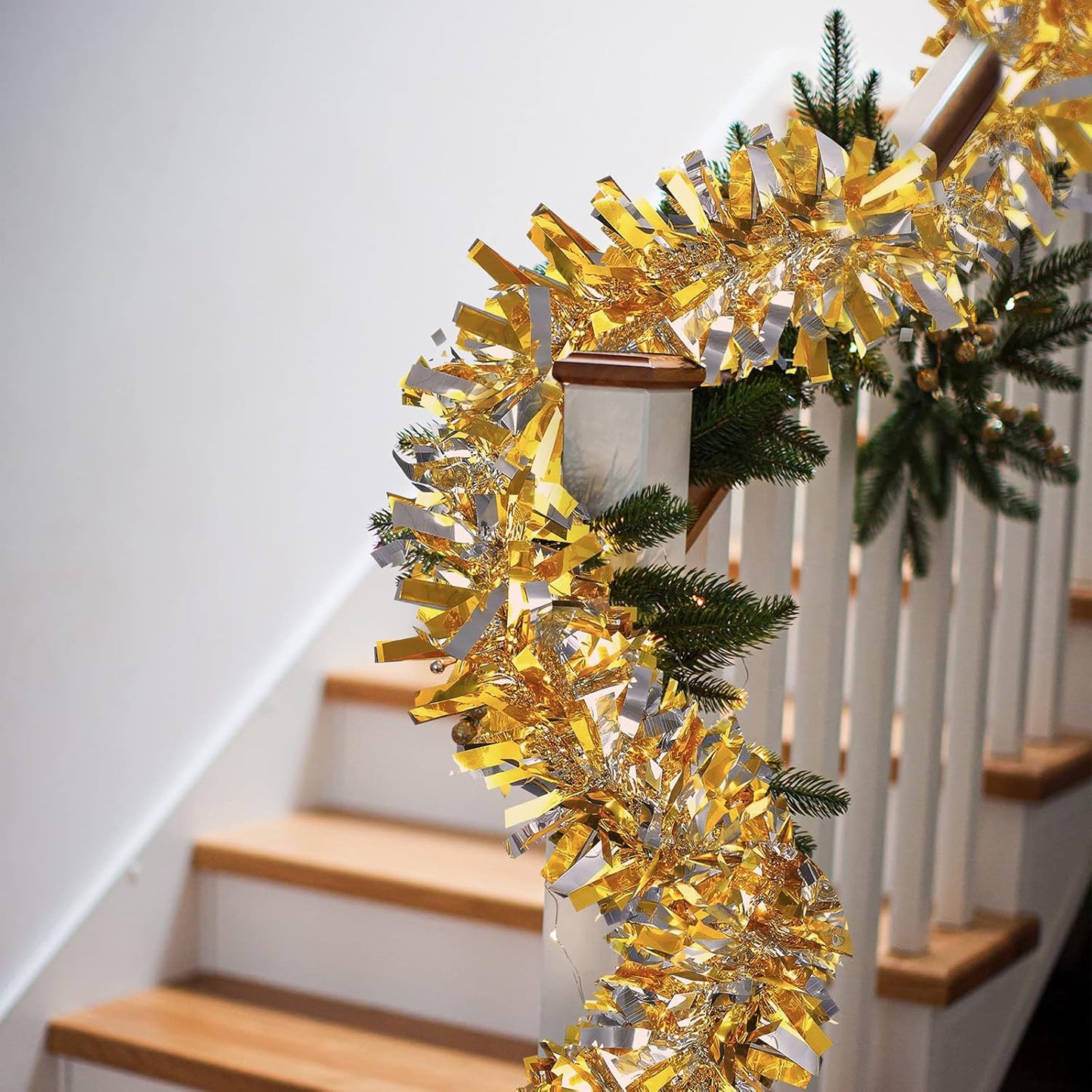 Sosation 100 ft Christmas Tinsel Garland Christmas Tree Twist Garland Bulk Glitter Metallic Streamer Indoor Outdoor Hanging Xmas Decorations(Gold Silver)