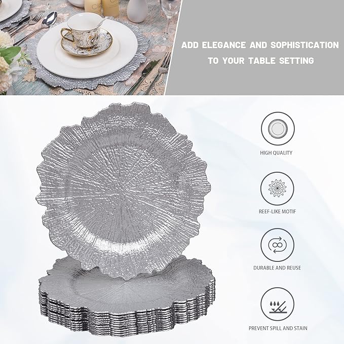 MAONAME 13" Silver Charger Plates, Round Reef Chargers for Dinner Plates, Plastic Plate Chargers for Table Setting, Wedding Decor, Set of 12