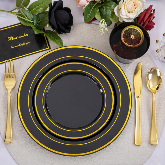 WELLIFE 600 PCS Black and Gold Disposable Dinnerware Set for 100 Guests, Gold rimmed Plastic Dinner Plates,Salad Plates,Cups,Silverware Set for Party Supplies and Halloween Party