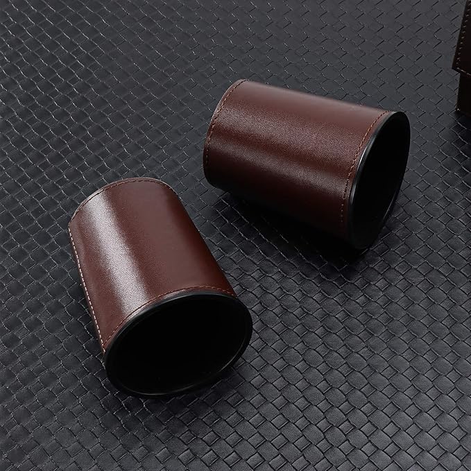 Leather Dice Cup Set, 5 Black Dice Cups + 25 Dices + Exclusive Storage and Transport Case Made of Faux Leather (10x Brown)