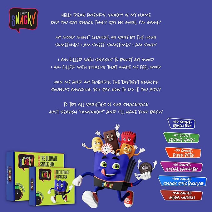 I AM Snacky - Halloween Trick or Treats Snack Box Variety Pack Care Package + Greeting Card - SNACKY'S PARTY PACK (100 Count) Birthday Sweet Treats Gift Basket, Candies Chips, Office Food Assortments