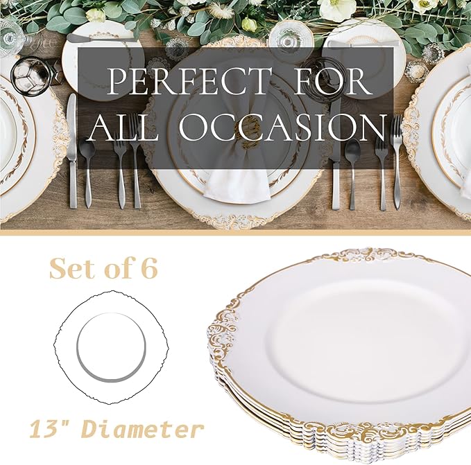 MAONAME White Charger Plates with Gold Rim, Round Antique Plate Chargers for Dinner Plates, 13" Plastic Charger for Wedding Table Setting, Set of 6