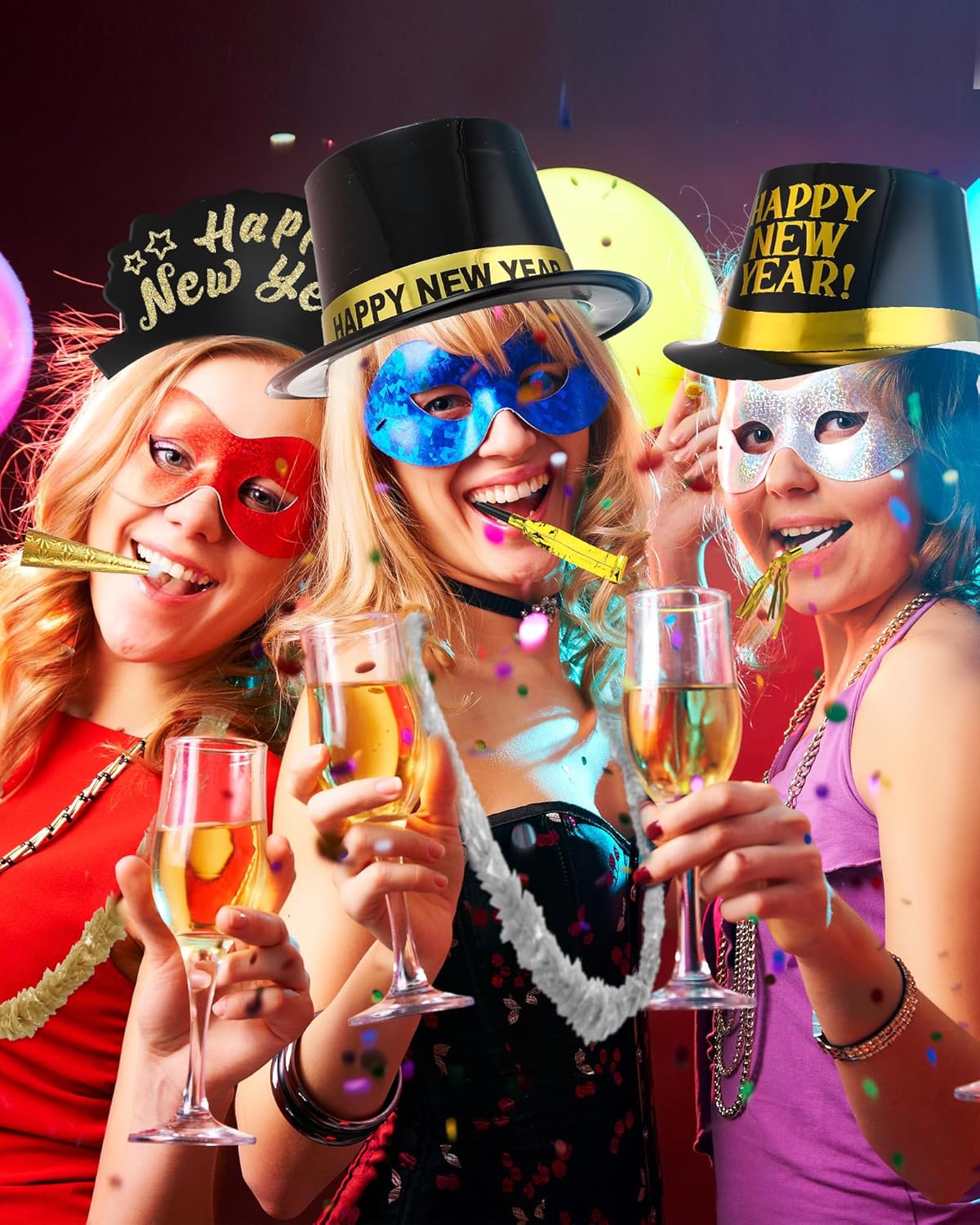 Cuffbow 300 Pcs 2026 New Years Eve Party Supplies Include Happy New Year Cone Hat Headband Tiara Metallic Fringed Party Blowers Noise Makers Horns Leis Hair Hoop Favors Decorations(Black Gold)