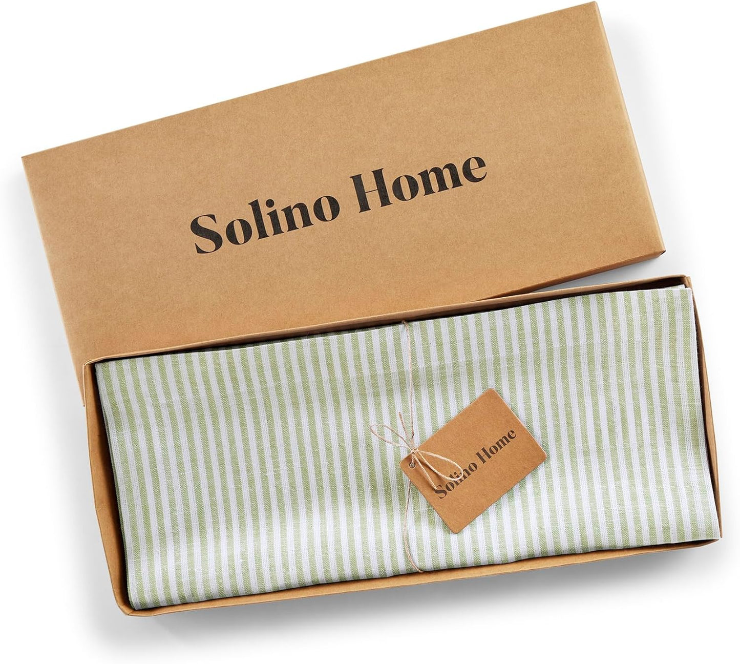 Solino Home Linen Table Runner 120 Inches Long - Narrow Stripe, 100% Pure Linen Avocado and White Table Runner 14 x 120 Inch for Dining, Fall, Autumn, Thanksgiving, Christmas