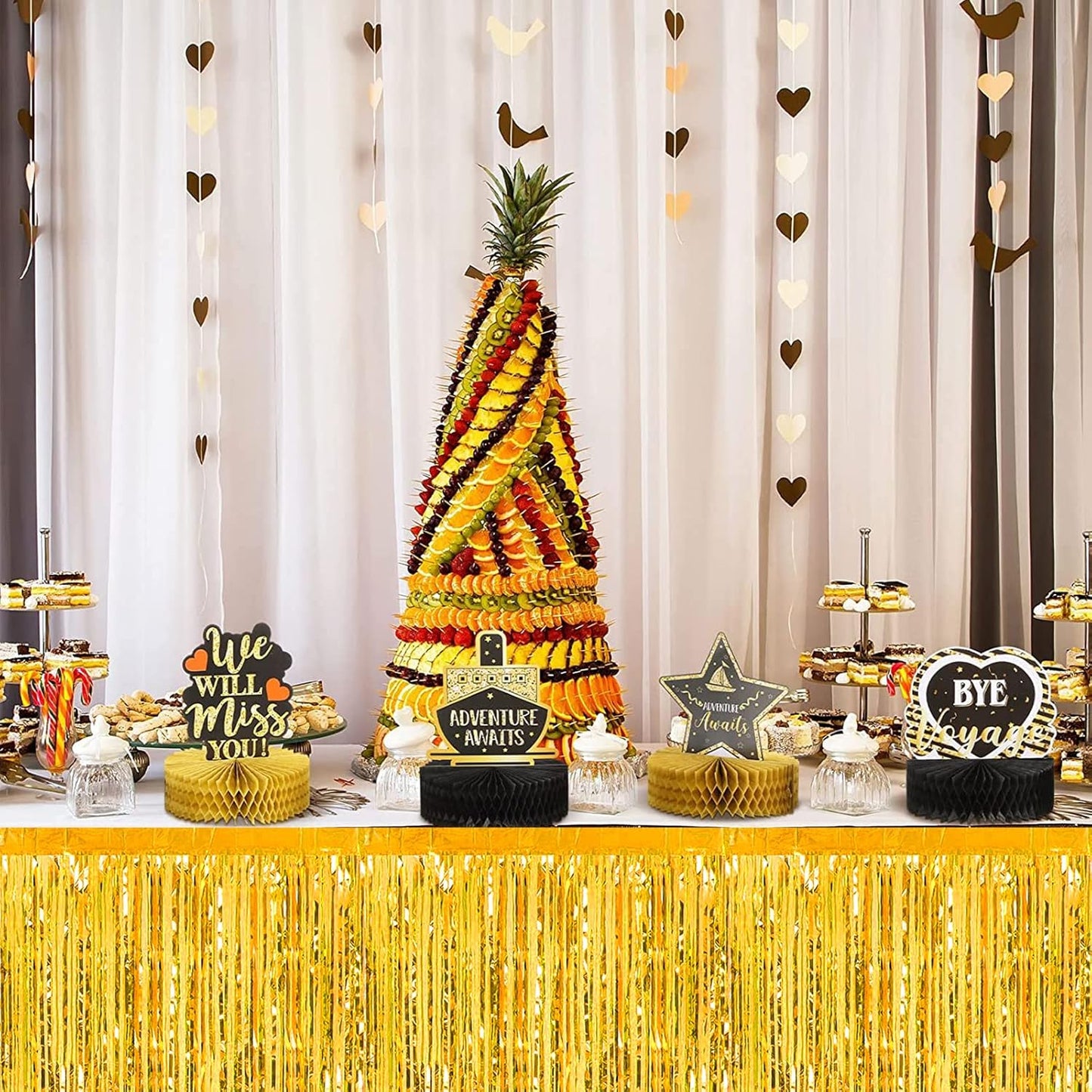 6 Pack 29x108 Inch 2024 New Year Metallic Foil Fringe Table Skirts Banner for Tinsel Streamer Garland Curtains Backdrop for Parade Floats Wedding Baby Shower Birthday Party Decoration Gold