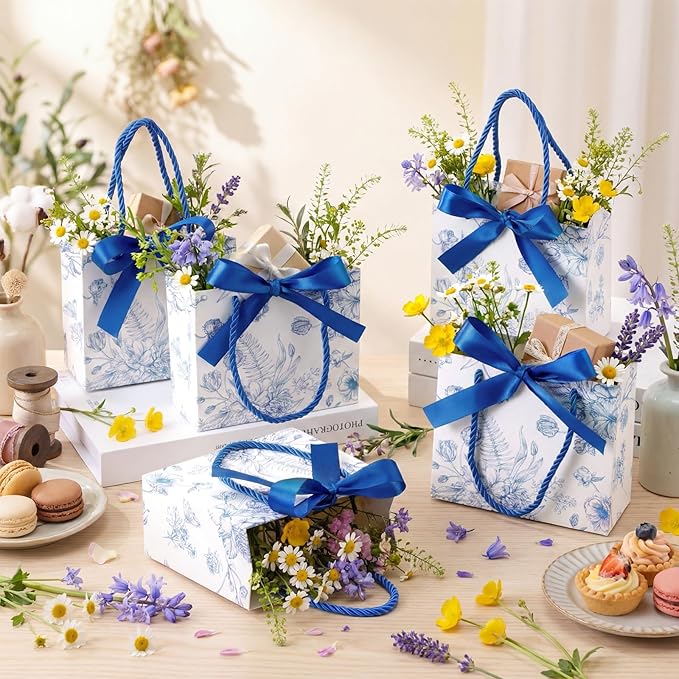 Moinchore 30 Pcs Blue and White Floral Paper Gift Bags with Ribbon Handles, 5.5 x 4.7 x 2.5 in Medium Decorative Favor Bags for Baby Shower, Bridal Party, Wedding, Birthday, Candy, Snacks and Presents