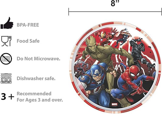 Zak Designs 5-Piece Dinnerware Set, Marvel Universe - Durable Plastic & Stainless Steel - Includes Water Bottle, 8-Inch Plate, 6-Inch Bowl, Fork & Spoon - Suitable for Kids Ages 3+