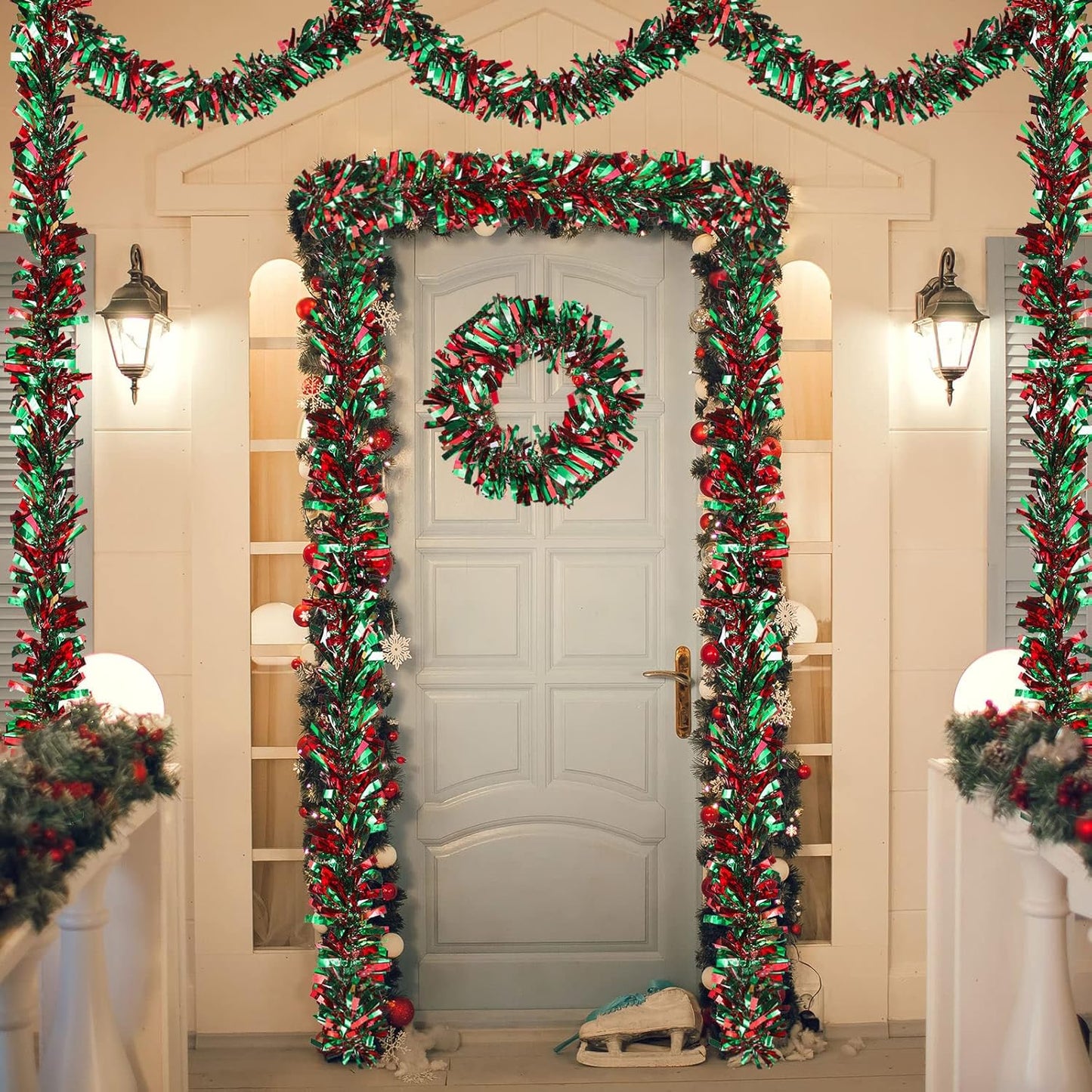 Sosation 100 ft Christmas Tinsel Garland Christmas Tree Twist Garland Bulk Glitter Metallic Streamer Indoor Outdoor Hanging Xmas Decorations(Red Green)