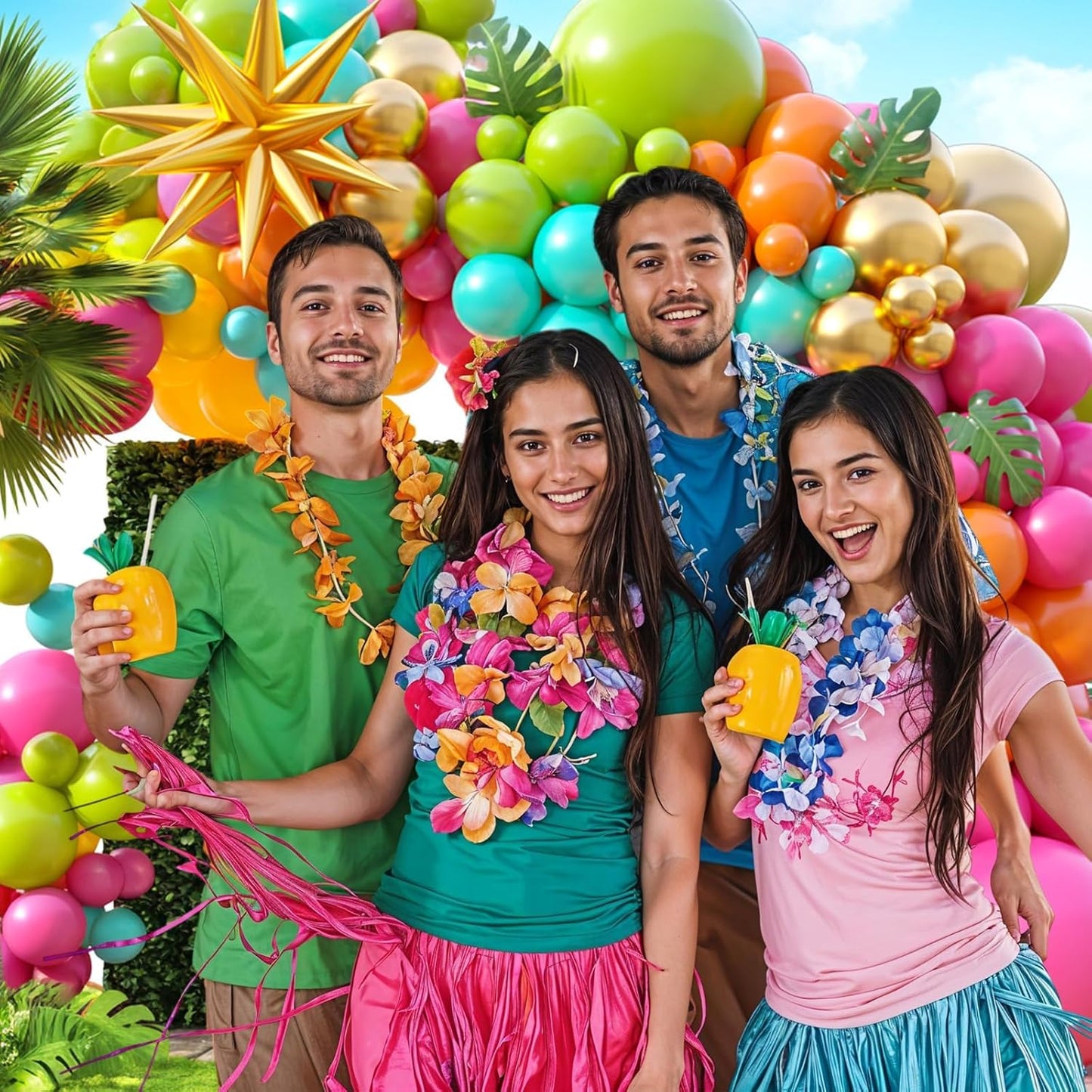 Summer Tropical Balloon Arch Kit, Rainbow Neno Balloon Arch, Hot Pink Green Orange lime Green Teal Blue Yellow Latex Rainbow Balloon for Hawaiian Luau Aloha Birthday Baby Shower Pool Party Decorations