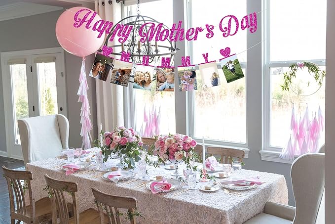 Happy Mother’s Day Banner, Mummy Banner,Mother’s Day Photo Banner,MM Pink Happy Mothers Day Decorations,We Love Mom Mothers Day Garland for Mother’s Day Party Decorations Photo Props(Pre-Assembled) (Pink Blue)
