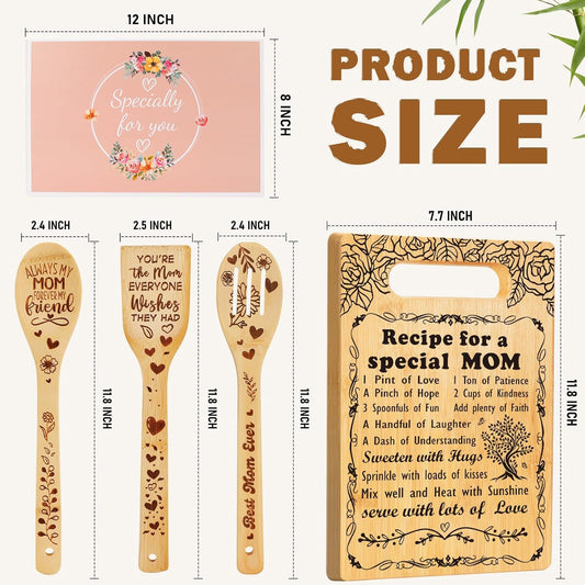 Birthday Gift for Mom, Recipe for a Special Mom- Christmas Birthday Mom Gifts from Daughter Son Cutting Board Set, Engraved Utensil Best Mom Ever Gifts Ideas Mom Gifts for Mother New Mom Step Mom