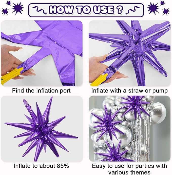 Purple Star Balloons,9Pcs 22Inch Dark Purple Explosion Spike Cone Helium Polyester Film Star Foil Balloons for Birthday Halloween Graduation Anniversary Baby Shower Party Decorations