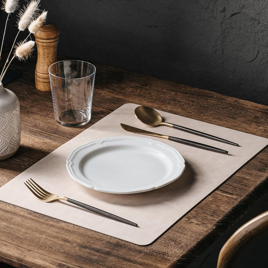 DOLOPL Placemats Set of 8 Reversible Dual-Color Table Placemats –Heat Resistant Wipeable & Washable Place Mats, Luxury Faux Leather Table Mats for Vintage Dining Table Decor (Beige&Light Grey)
