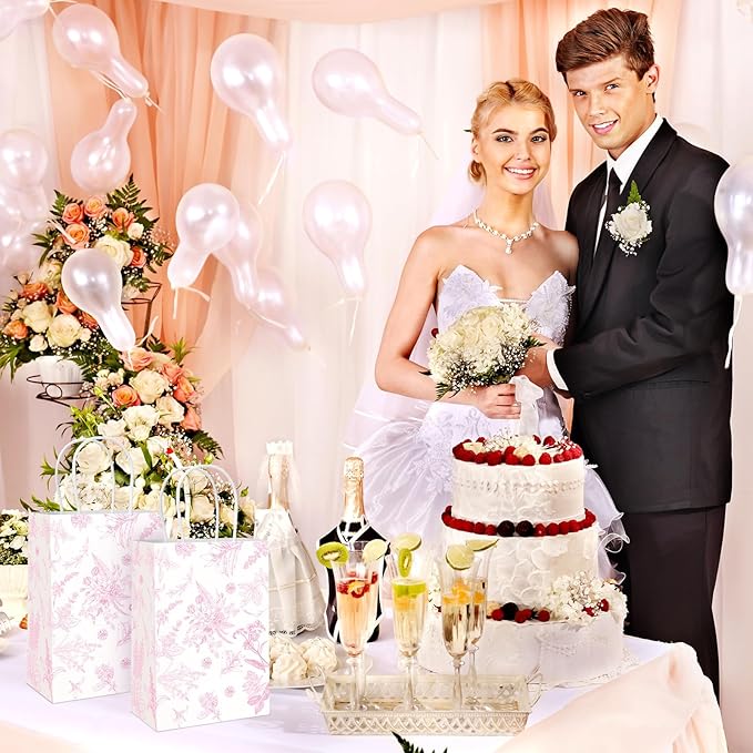 Gueevin 24 Pcs Pink Floral Gift Bags Bulk Flower Party Small Paper Bags with Handles Decorative Packaging Goodie Candy Treat Pouches for Wedding Birthday Tea Party, 5.9 x 8.3 x 3.1 Inch