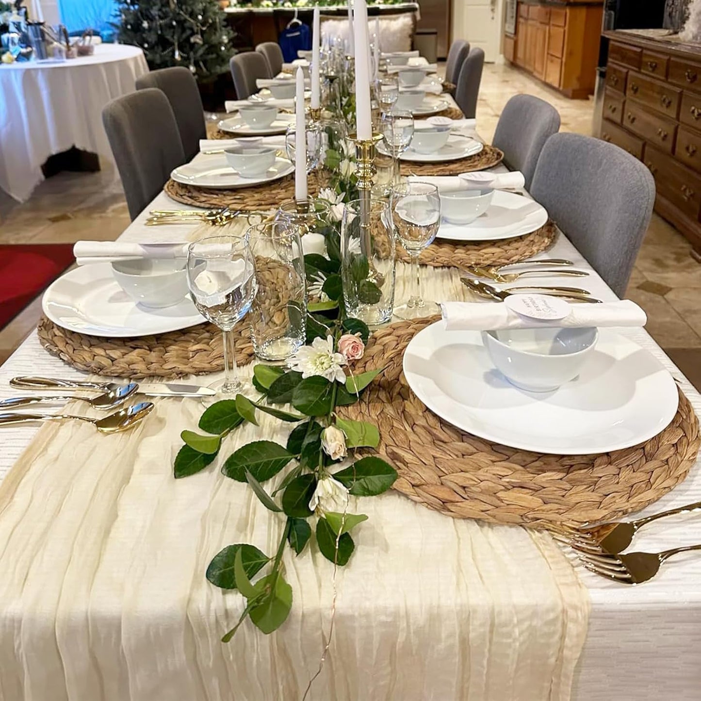 12 Pack Beige Cheesecloth Table Runners 35 x 120 Inch – Rustic Boho Gauze Table Runner for Wedding Arch, Party Decoration, Bridal Shower, Reception, Farmhouse Dining Decor