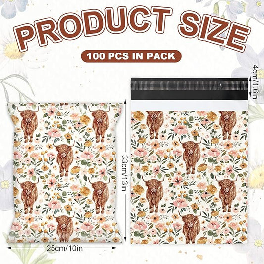 JarThenaAMCS 100Pcs Boho Floral Highland Cow Poly Mailers 10 x 13 Inch Watercolor Cow Flower Packaging Bags Rustic Self Seal Mailing Envelope Bags for Small Business Clothing Document Gifts