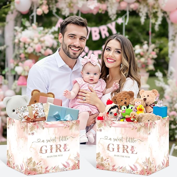Large Boho Baby Girl Gift Bag, Baby Shower Square Gift Bag Pink Floral Jumbo Gifts Bag with Tissue Paper A Sweet Little Girl is on The Way Wrapping Paper Bag for Baby Shower Gender Reveal Party Favors