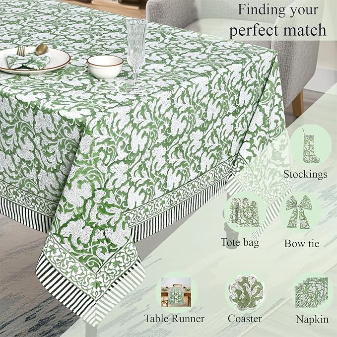 Ridhi Hand Block Print Sage Green Rectangle Cotton Tablecloth 108" x 60" Reusable Table Cover Decorative Everyday Use for Dining, Farmhouse, Home Gift for Spring, Easter, Valentine