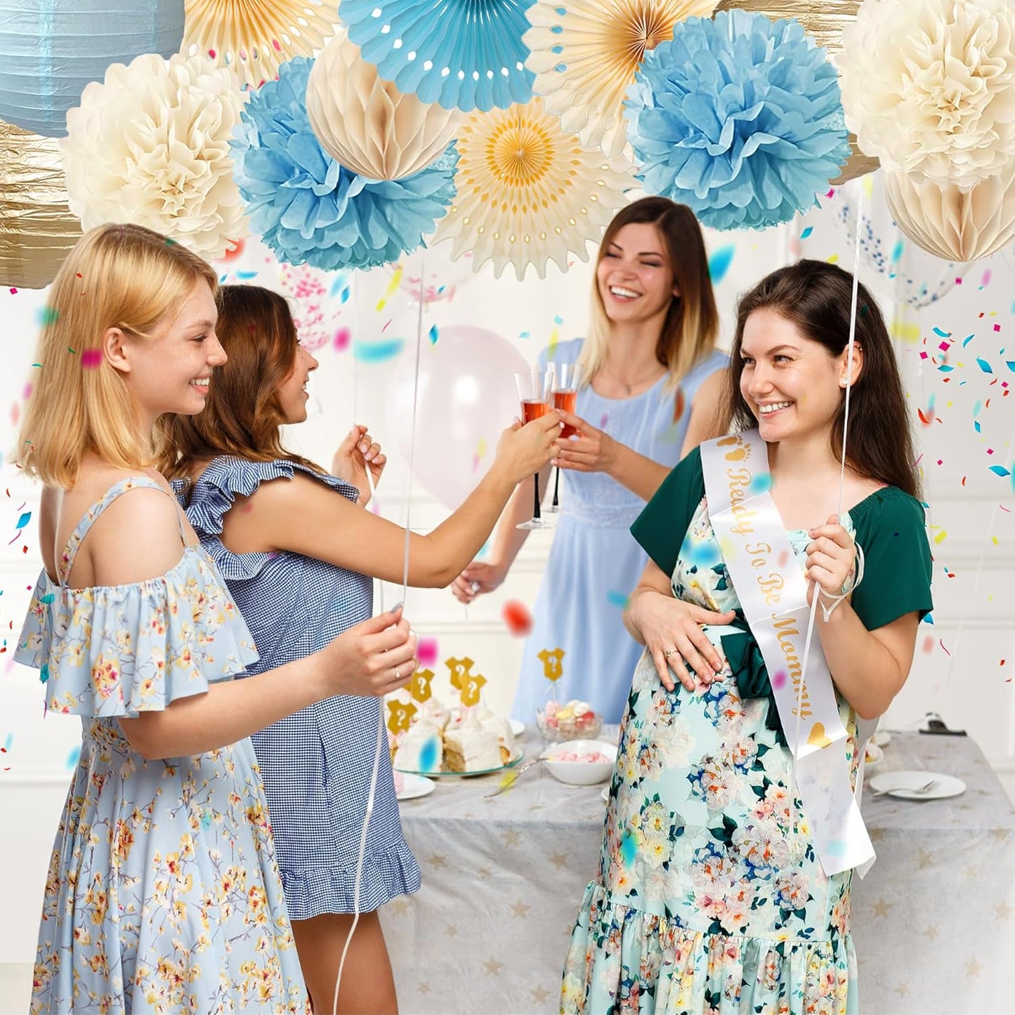 Dusty Blue and Cream Party Decorations Light Blue Paper Fans Paper Lanterns Pom Poms Flowers for Baby Shower Birthday Wedding Engagement Party