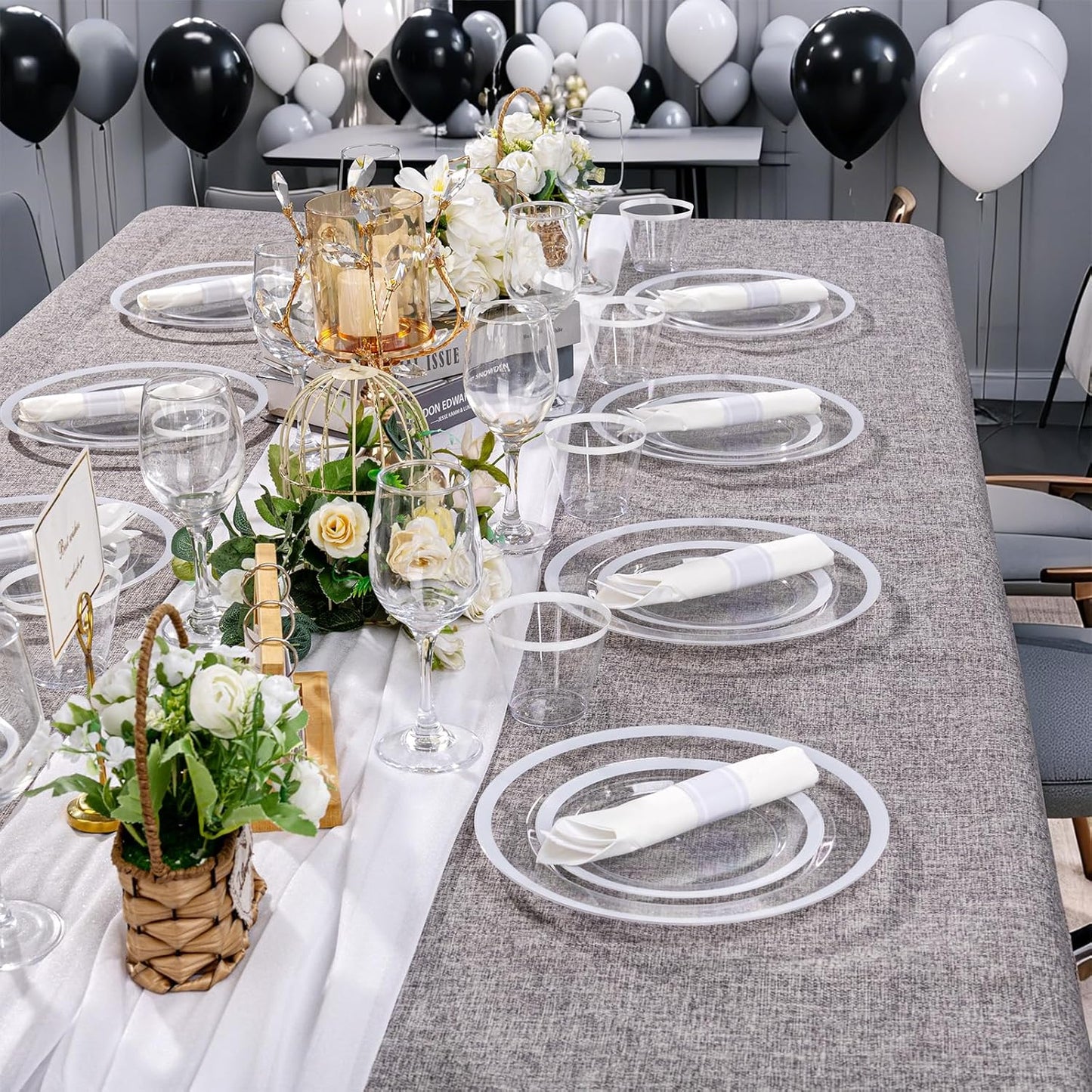 I00000 210 Pcs Clear White Plates for 30 Guests, White Dinnerware Include 60 Plates, 30 Cups, 30 Pre Rolled Napkins with Cutlery Set for Party and Wedding