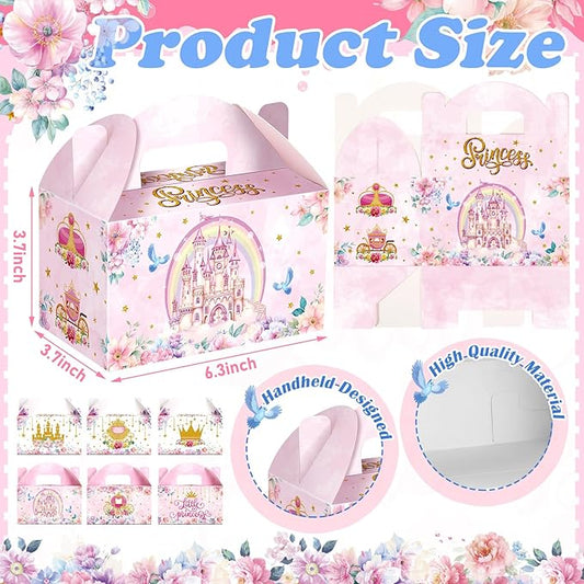24 Pcs Princess Party Favors Boxes Little Princess Goodie Treat Candy Boxes with Handles Pink Gift Container for Birthday Party Baby Shower Supplies