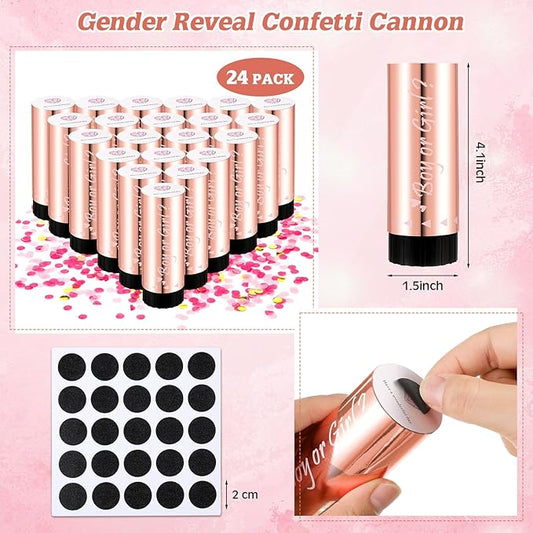 Seenelling 24 Pack Gender Reveal Confetti Cannon Boy or Girl Mini Gender Reveal Poppers Confetti Cannon with Stickers for Baby Shower Party Supplies (Pink)