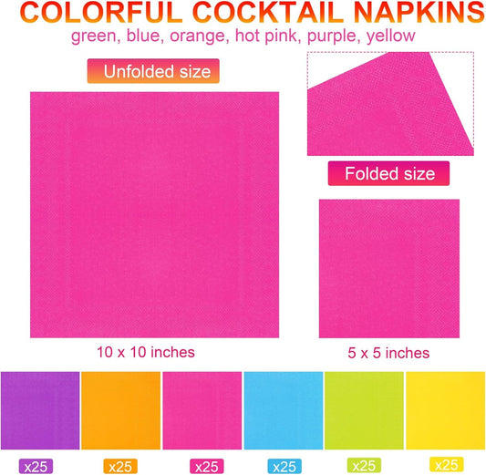 150 Pieces Colorful Rainbow Paper Napkins Cocktail Napkin Beverage Luncheon Napkins 2 Ply for Party Favors, 6 Colors