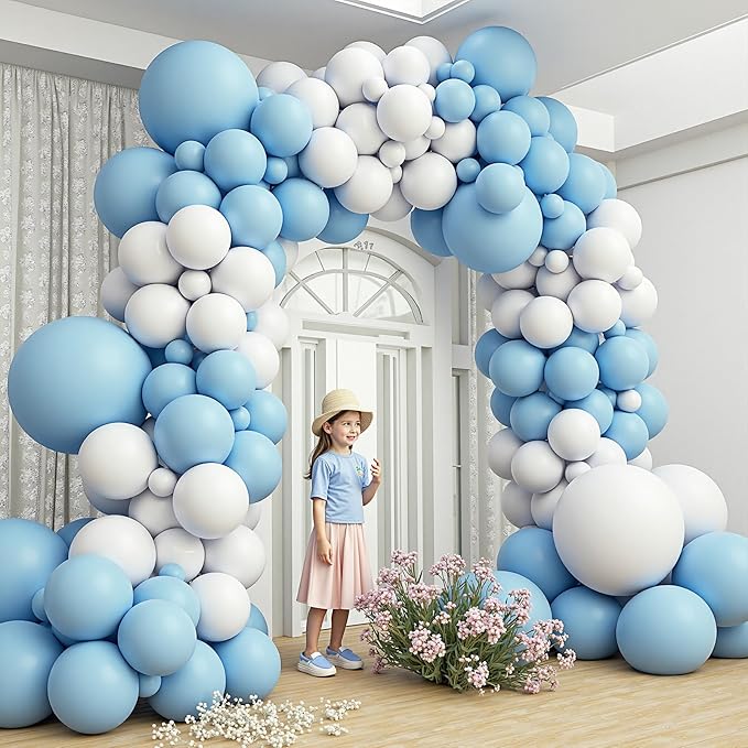 412Pcs Blue and White Balloon Arch Kit, 18 12 10 5 Inch Different Size Light Blue White Balloon Garland Kit for Baby Shower Graduation Birthday Wedding Party Decorations