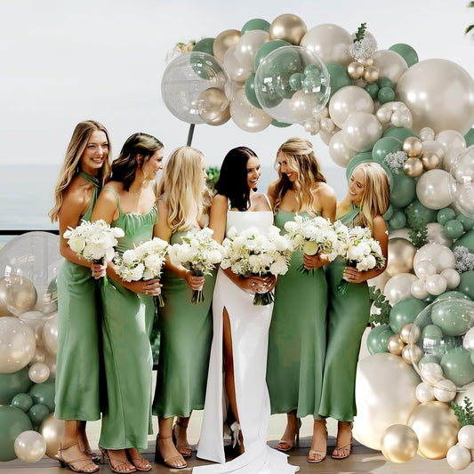 CROSSFINGERS Pearl Sage Green Balloon Arch Garland Kit, 128pcs Double Stuffed Pearl White Gold Balloons for Birthday Wedding Baby Shower Bridal Shower Engagement Party Decoration
