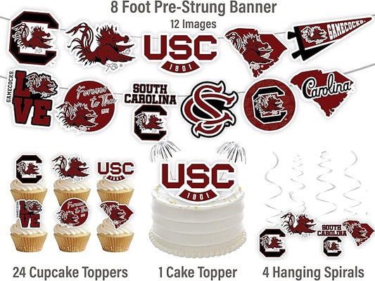 USC Party Supplies for Football, Birthday Gift, Graduation Party Banner and Cake Toppers (42 Pieces) (South Carolina Gamecocks)