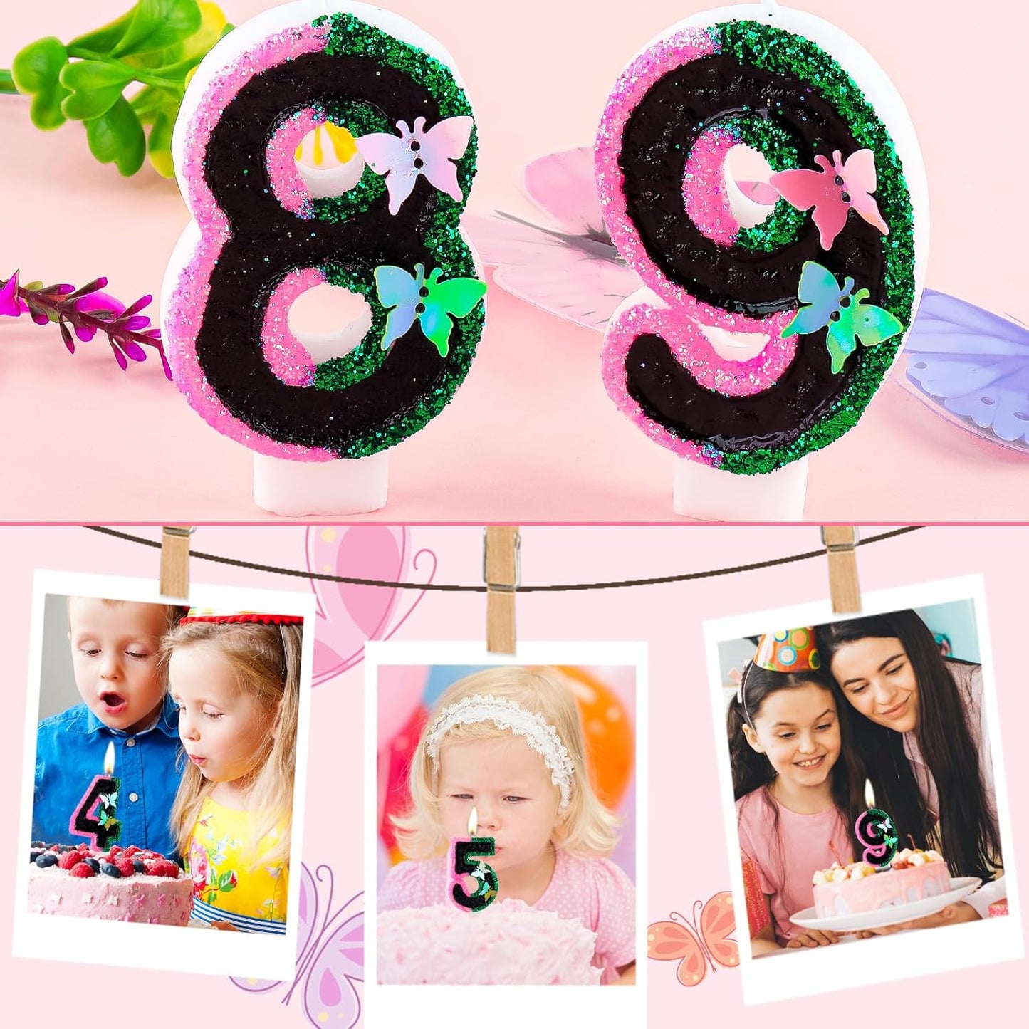 Birthday Number 5 Candles Pink Black and Green Butterfly Birthday Candles for Glitter Cake Topper with Sequins Decorations Girls Women Witch Theme Anniversary Celebrations Supplies