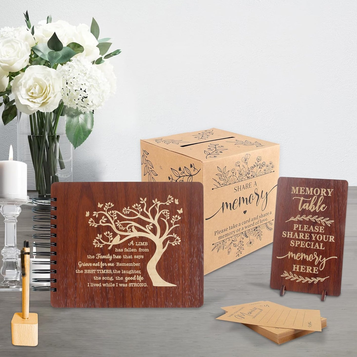 PREKIAR Funeral Guest Book Set Wooden Guest Books for Memorial Service Celebration of Life in Loving Memory with 50pcs Share a Memory Card Cards Box Table Sign and Pen (Brown- Guest Book Set #2)