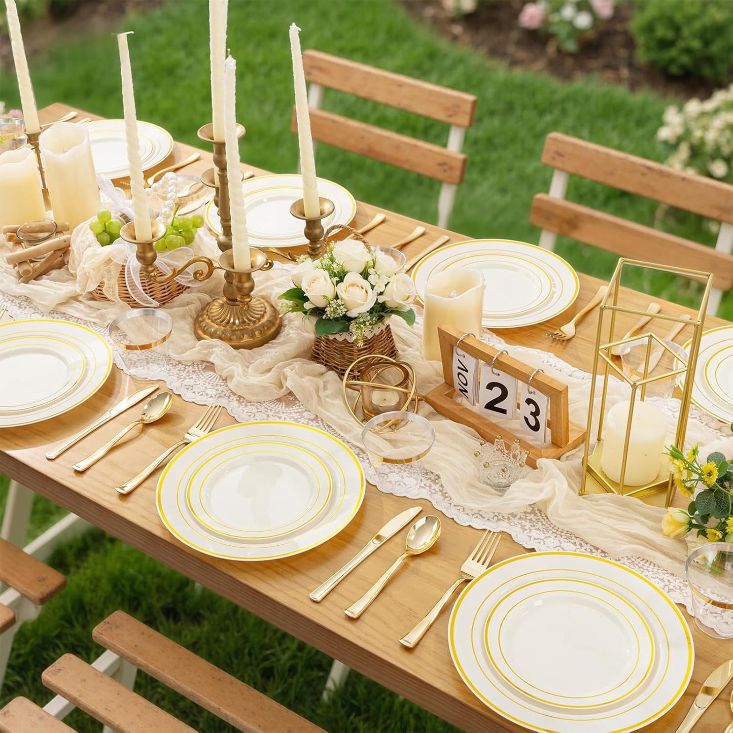 WELLIFE 350PCS Ivory Plastic Plates for 50 Guests -Thanksgiving Plates,Thanksgiving Decorations,Disposable Plate for Party and Wedding