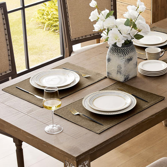 Romanstile Cloth Placemats Set of 4-12 x 18 Inch, Heat Resistant Double Layered Thickened Burlap Place Mats, Washable Faux Linen Farmhouse Table Mats for Kitchen/Dining/Party/Outdoor, Brown