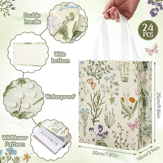 Supervitae 24 Pack Wildflower Theme Gift Bags Medium Goodie Floral Party Favor Bags Vintage Reusable Totes Non Woven Totes for Wedding Birthday Baby Shower Family Holiday Travel(9.8" x 7.9" x 3.9")