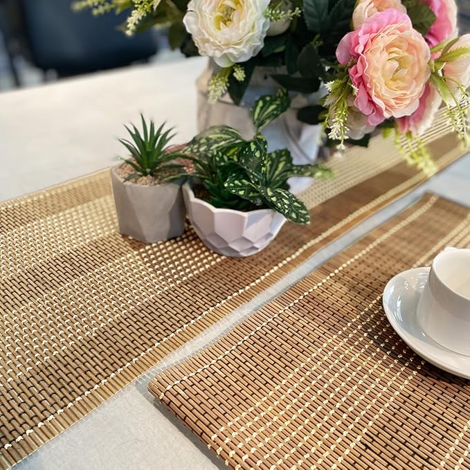 ANDSTAR 12x72 Inch Weave Bamboo Table Runner Stain Resistant Heat Resistant Oil-Proof Non-Slip Waterproof Easy to Clean Table Runner for Kitchen Dinning Room Table Decoration(Brown,1 Piece) …