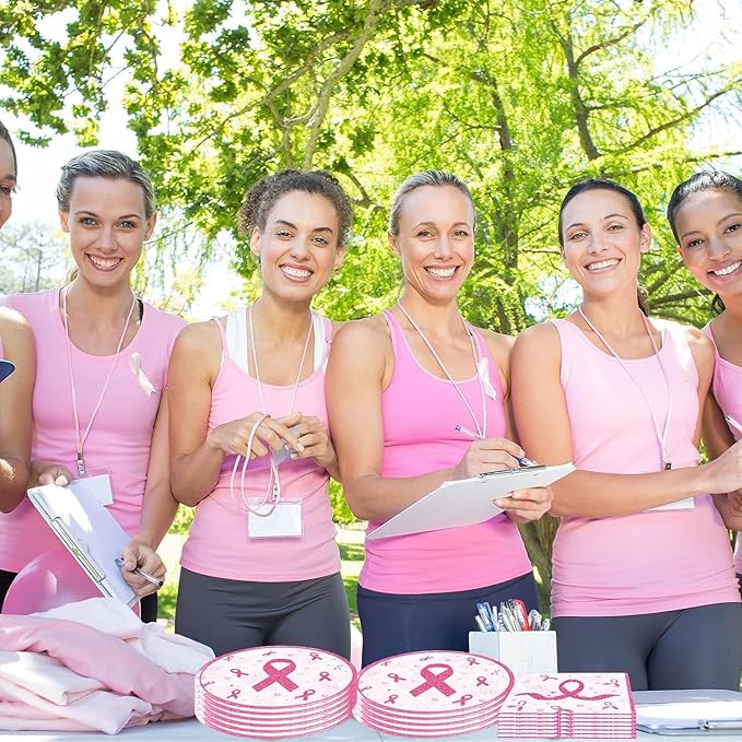 48Pcs Breast Cancer Party Decorations Include Plates Napkins Guests Cancer Free Party Decorations Serve 24 Guests Breast Cancer Party Supplies