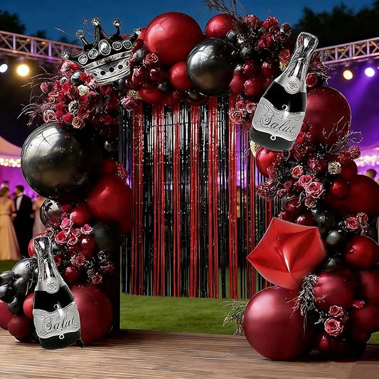 Red Black Party Balloon Kit 2pack Foil Fringe Curtains,Square Foil Wine Bottle Crown Balloons Doubled Burgundy Black Balloon Arch for Birthday Bachelorette Gothic Vampire Celebration Wine Party Decor