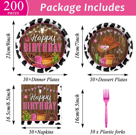 gisgfim 200pcs Cowgirl Birthday Party Decorations - Western Plates, Napkins & Disposable Forks - Pink Cow Western Girl Rodeo Tableware Set - Serves 50