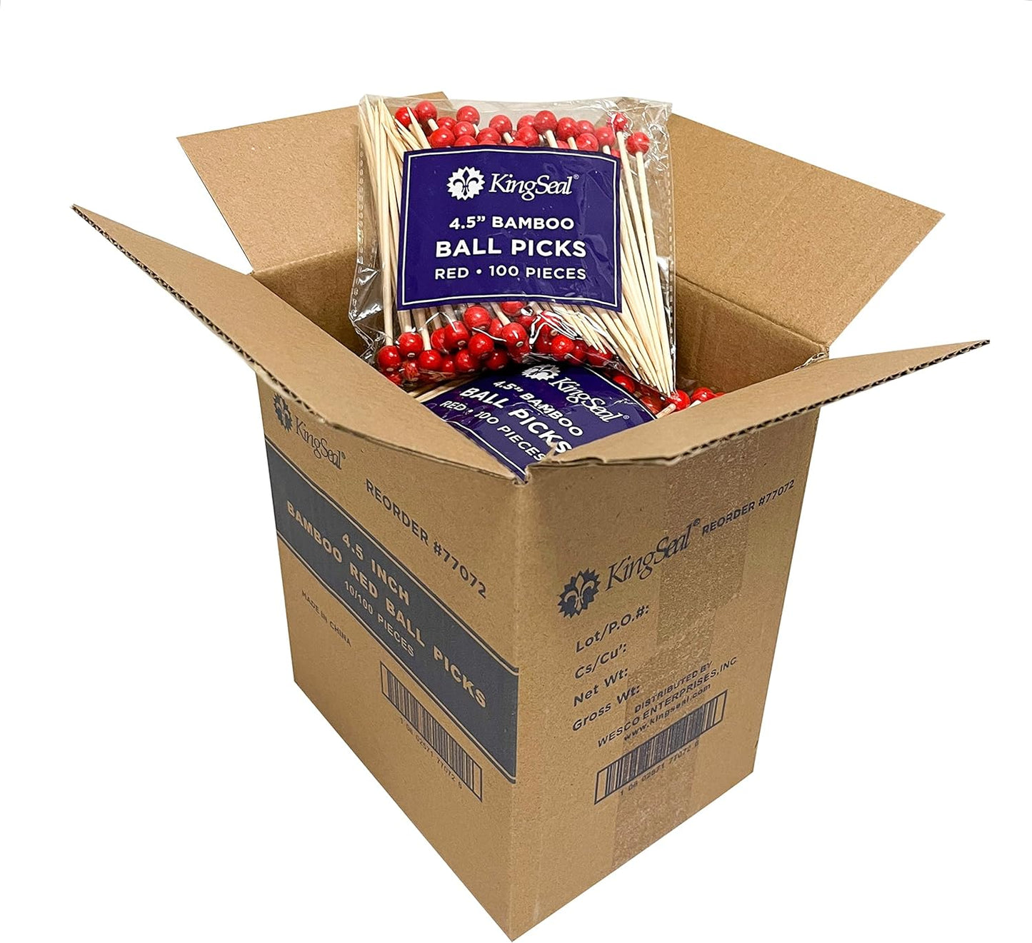 200 Count | KingSeal Bamboo Specialty Cocktail Party Picks, 4.5 Inches, Red Ball Head, Perfect for Appetizers and Cocktails, Bulk Pack - 2 Packs of 100
