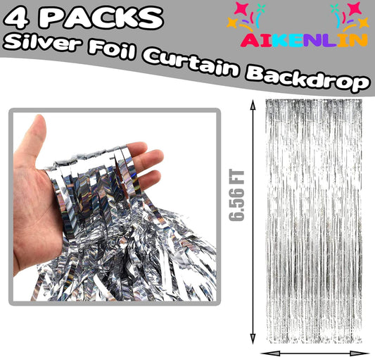 4 Pack 3.3Ft x 6.6Ft Silver Foil Fringe Curtain Backdrop, Metallic Tinsel Foil Fringe Streamers Curtains Background for Photo Booth, Birthday, Wedding, Halloween, Christmas Party Decoration