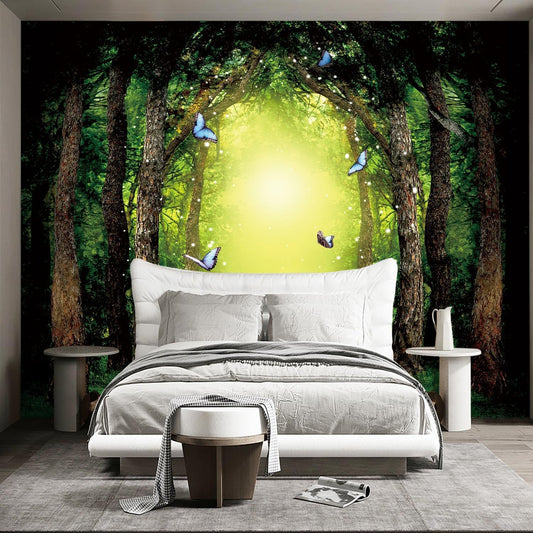 Classy Dream Butterfly Forest Tree Wallpaper for Bedroom Jungle Woodland Wall Mural Living Room Large Woods Adhesive Fabric decorr - 160"x108"(Not Peel and Stick)