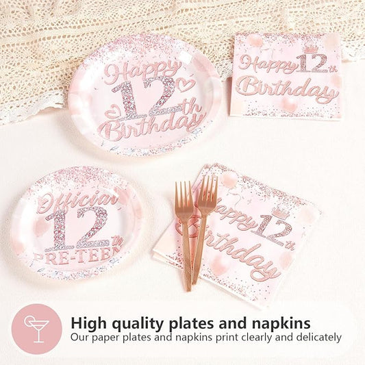 Grencian 12th Birthday Decorations Rose Gold 12th Birthday Plates and Napkins Disposable Rose Gold Official 12 Pre-Teen Paper Tableware Set for Girls 12 Year Old Party Supplies, Serves 24